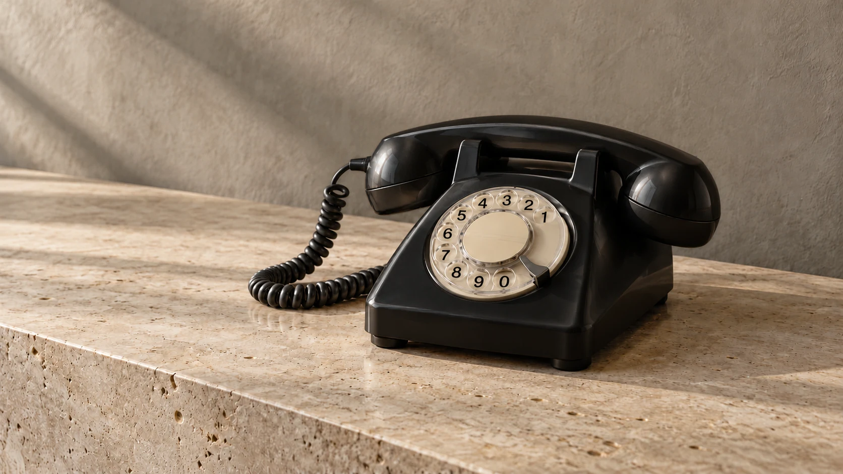 A black vintage rotary landline telephone with a coiled cord on warm limestone