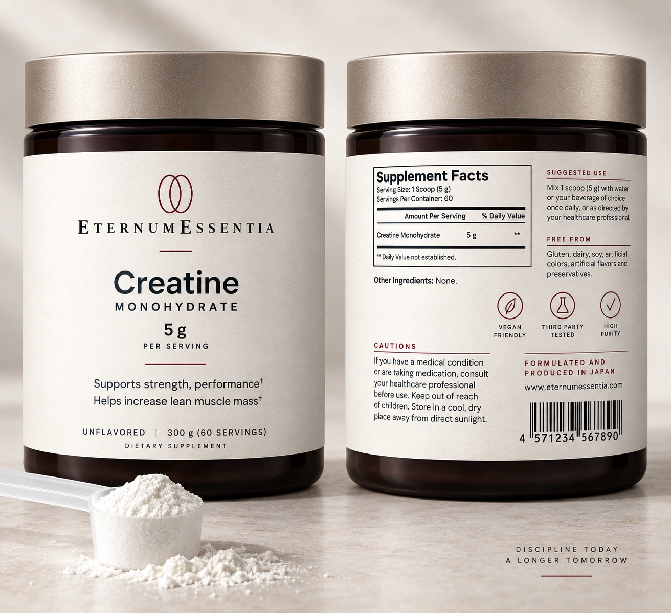 EternumEssentia creatine packaging concept showing the front and back of champagne-capped jars and a scoop of powder