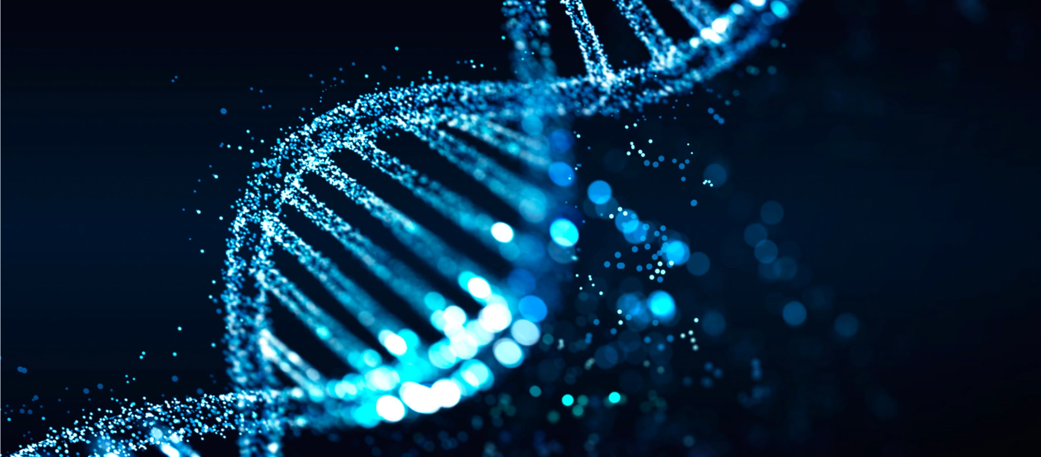 Blue molecular illustration of a DNA double helix