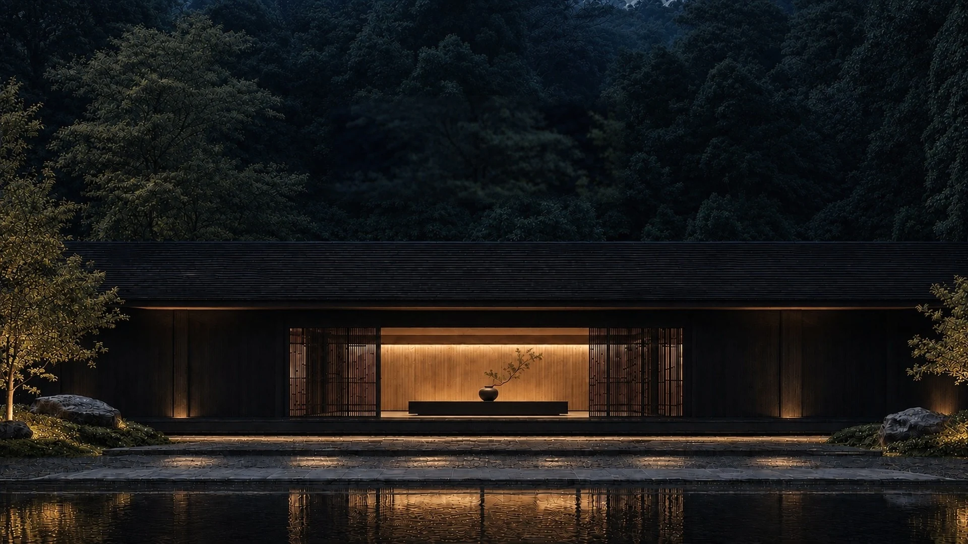 A warmly lit architectural retreat beside water, concept imagery