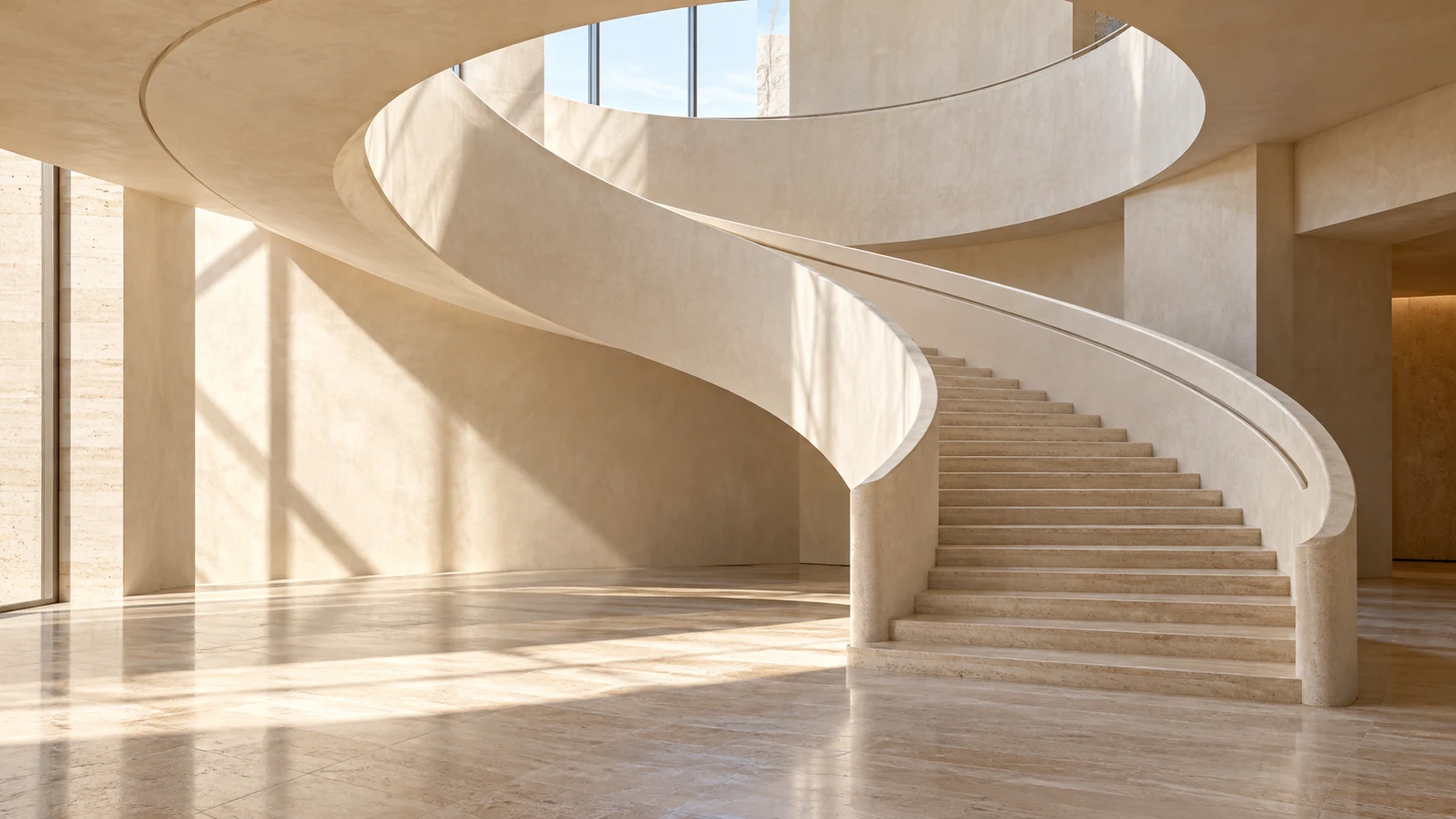 A sweeping sculptural limestone staircase in a light-filled atrium