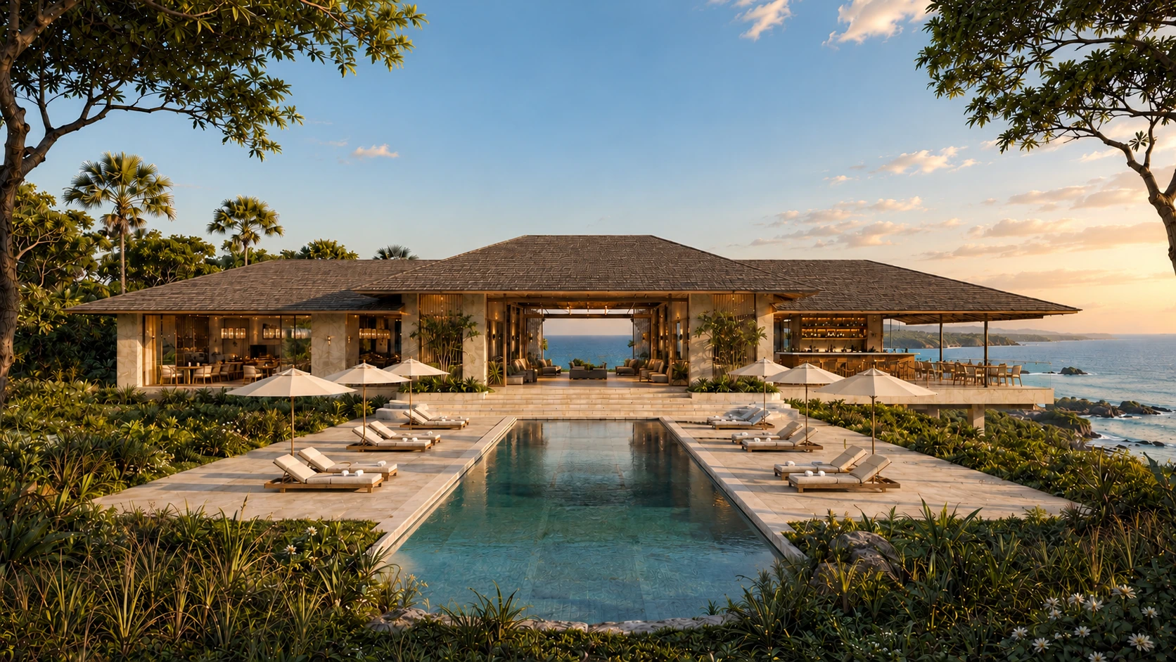 Seafront hospitality pavilion and swimming pool framed by tropical gardens
