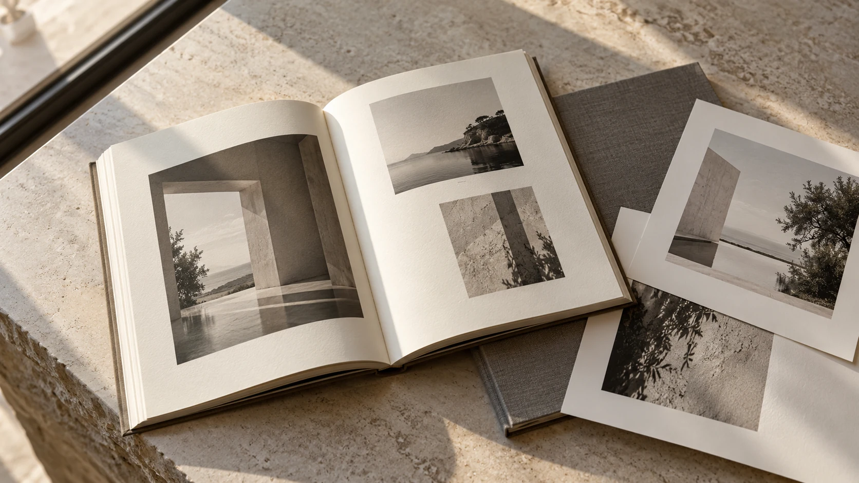 An open editorial journal and architectural photographs arranged on a limestone table