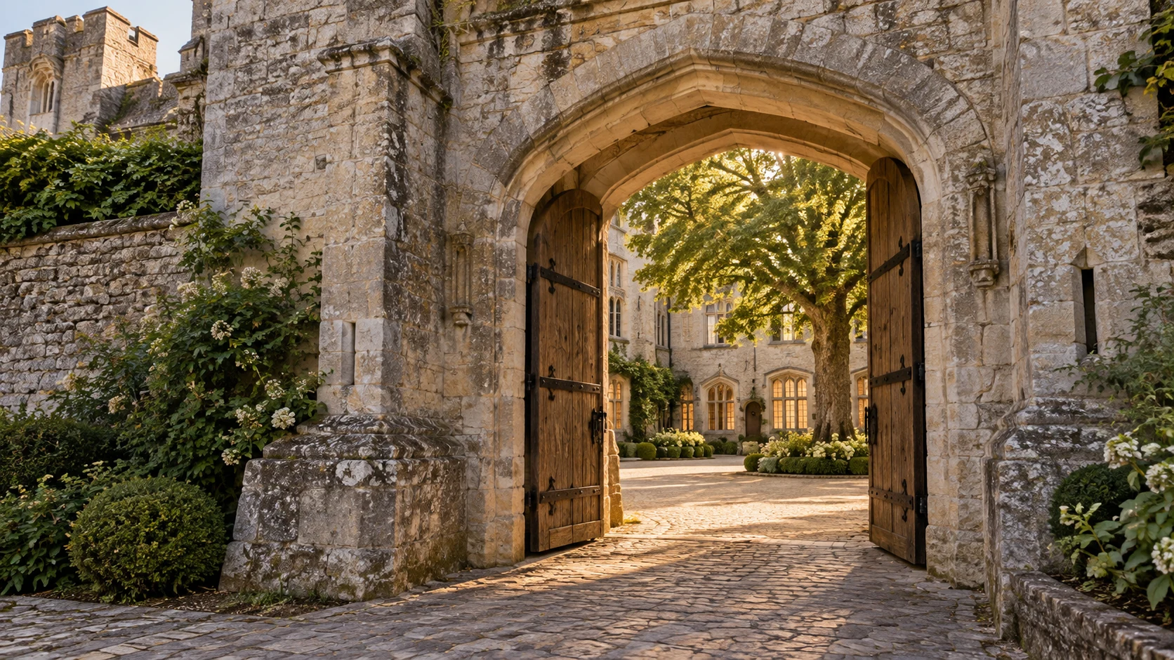 Open timber doors in a historic stone castle gateway, leading to a sunlit courtyard