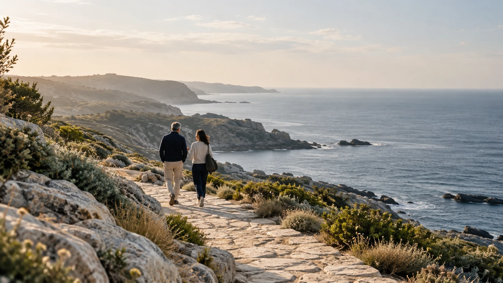 Two people walking together along a stone coastal path overlooking an open sea horizon