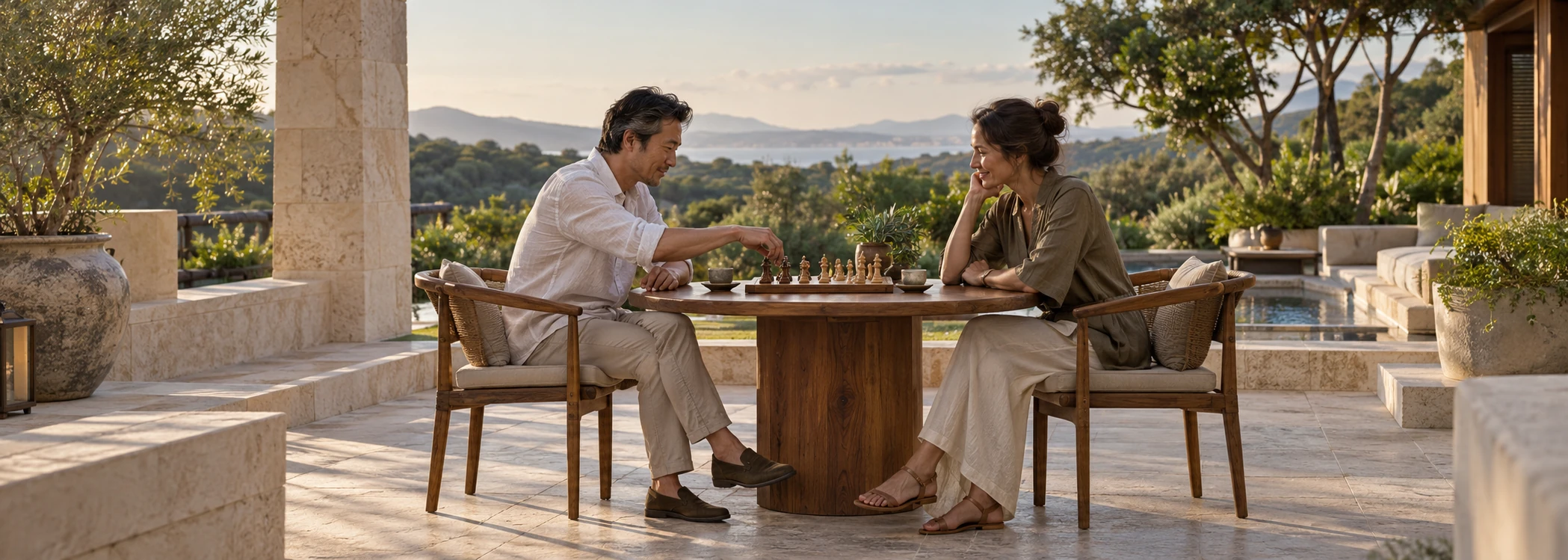 Two friends enjoying a game of chess on a sunlit stone terrace overlooking a green coastal landscape